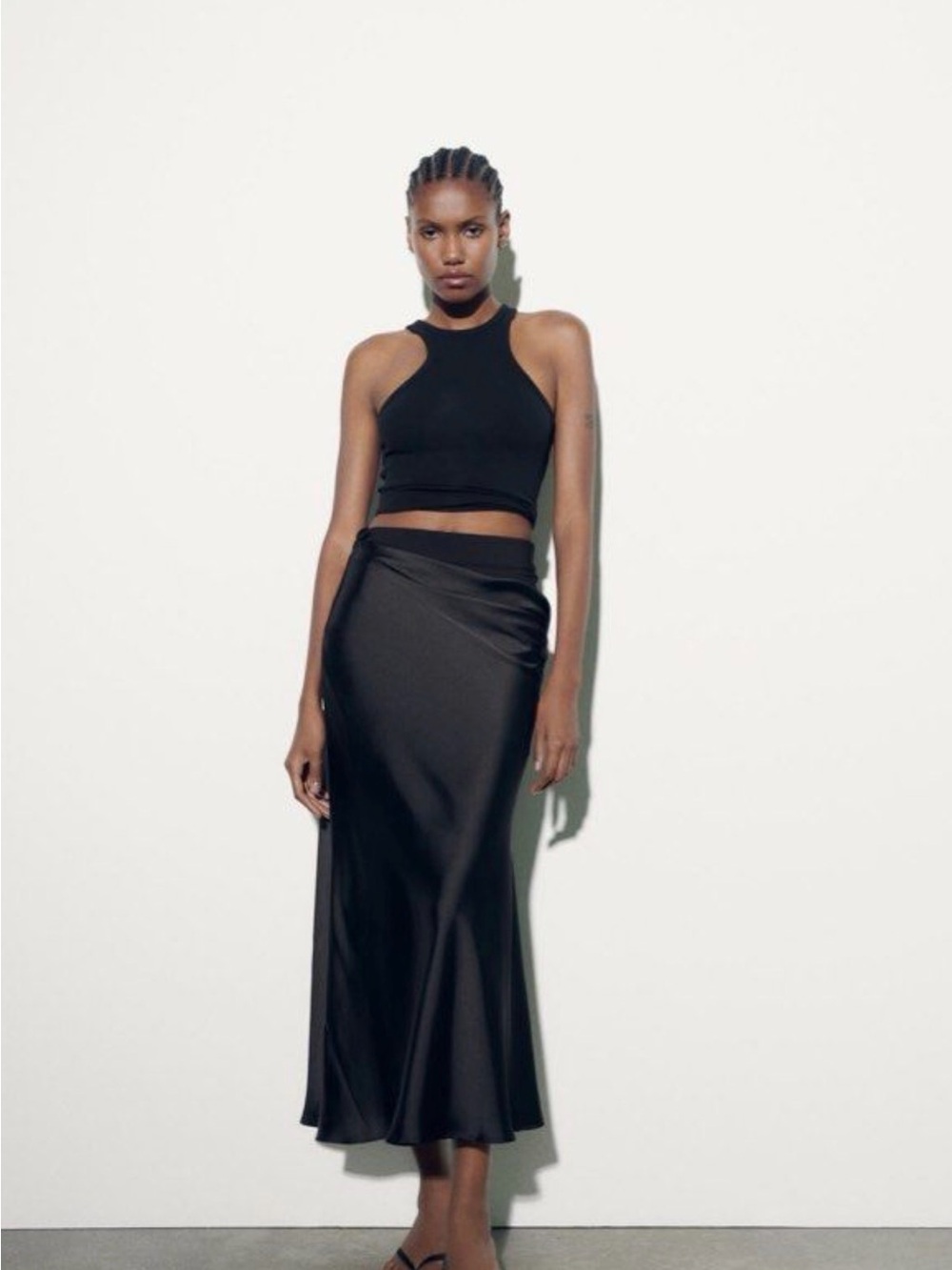Zara Sleek Black Satin Midi Skirt NWT